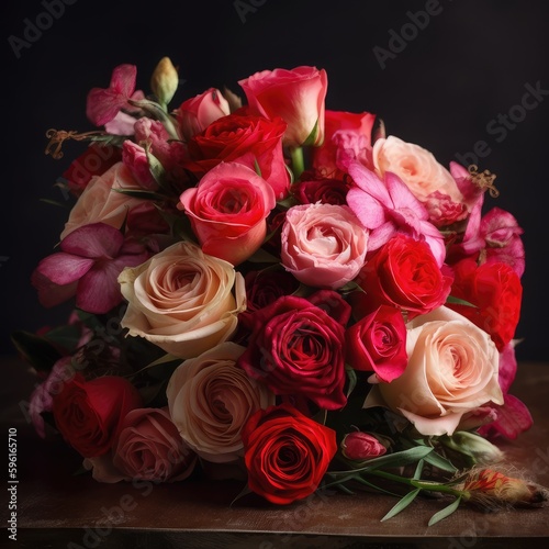 Romantic bouquet with red and pink roses. Mother s Day Flowers Design concept.