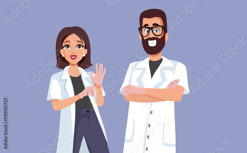 Team of Medical Doctors Smiling with Confidence Vector Cartoon Illustration. Medical personal working together in a medical clinic
