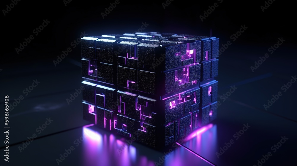 3d rendering of black cubes with purple neon lights on black background.Generative Ai