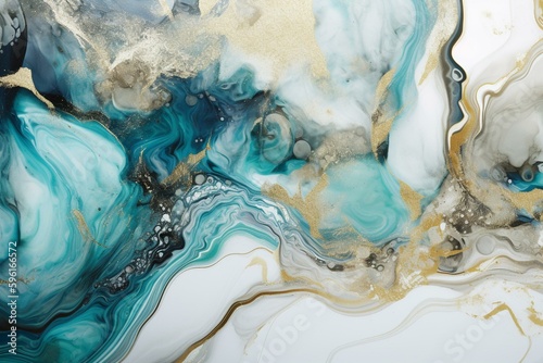 Abstract 3D marble wallpaper with geode and watercolor elements in gold, blue, turquoise and white tones. Perfect for wall decor. Generative AI
