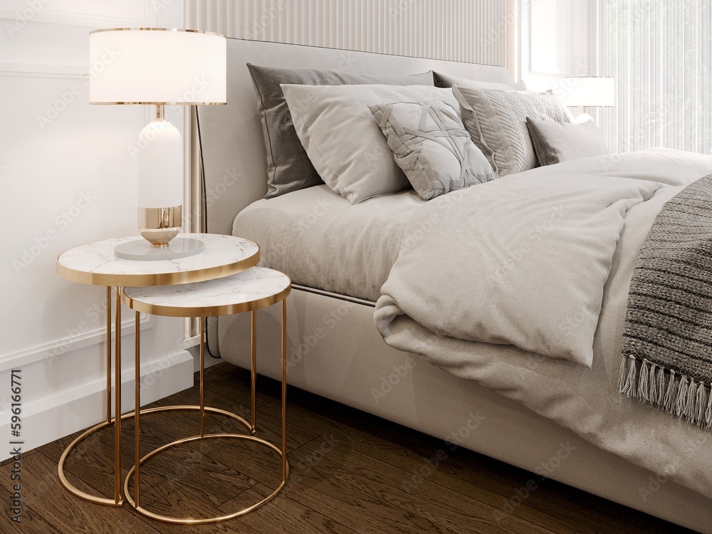 3D rendering close up empty space of night table or bedside table with ...