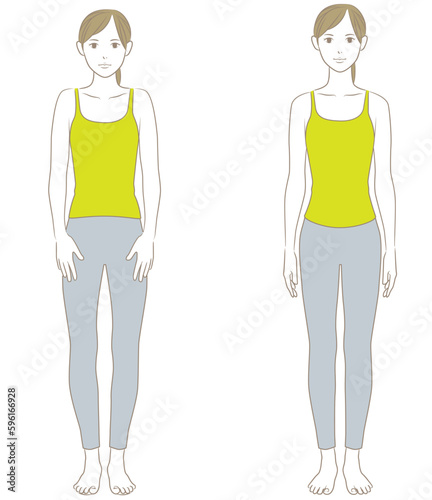 正面から見た良い姿勢と悪い姿勢の女性