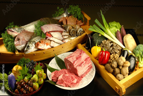 新鮮な肉・魚介類・野菜・果物｜食材の集合写真
