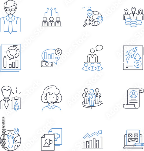 Research team line icons collection. Collaboration, Innovation, Dedication, Exploration, Analysis, Experimentation, Creativity vector and linear illustration. Generative AI
