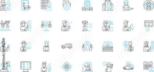 Employment strategy linear icons set. Recruitment, Retention, Talent, Culture, Succession, Diversity, Inclusion line vector and concept signs. Innovation,Engagement,Performance outline illustrations