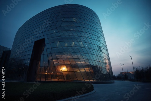 Modern Curved Glass Building at Dusk