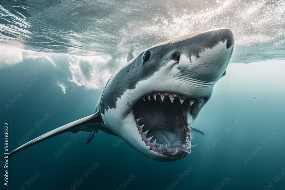 Encounter of a great white shark in a violent attack. Generative AI