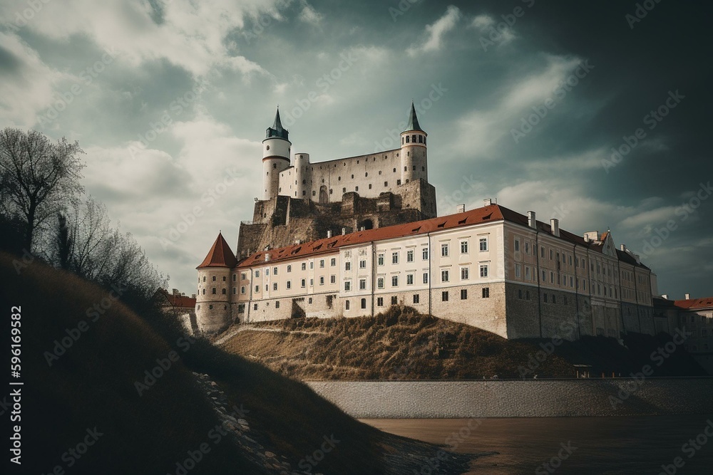 Art of Bratislava featuring castle, square, and cathedral. Generative AI