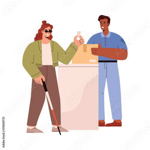 Blind or visually impaired woman getting a parcel, vector illustration isolated.