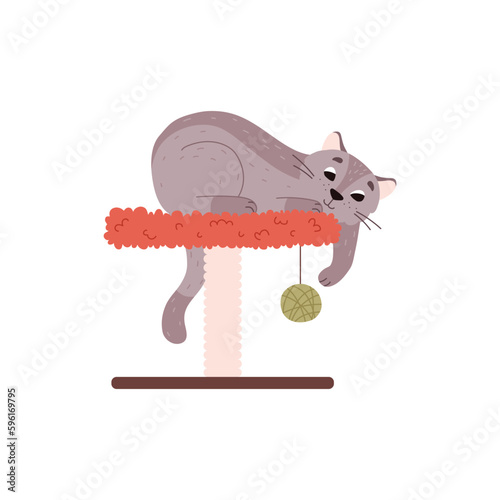 Cute cat lying on scratching post and playing with ball, cartoon flat vector illustration isolated on white background.
