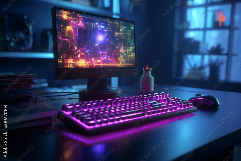 computer monitor and keyboard digital hacker's workspace with neon keyboard, Generative AI computer monitor and keyboard digital hacker's workspace with neon keyboard, Generative AI