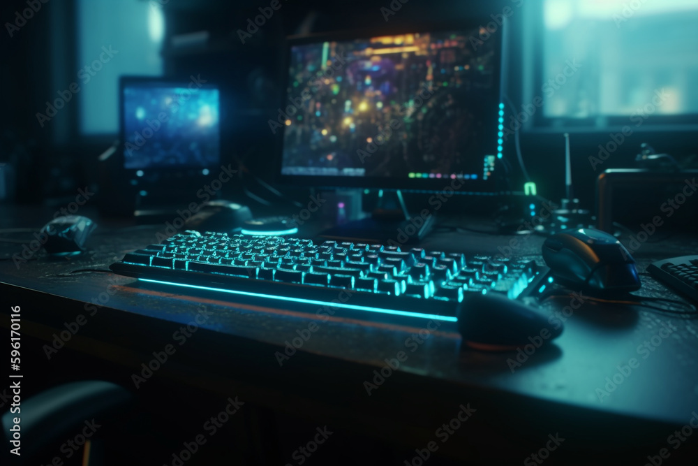 Digital hacker's workspace with neon keyboard, Generative AI
Digital hacker's workspace with neon keyboard, Generative AI