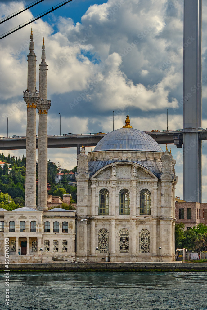 Mosque Ortakoy and bridge on the shore of the Bosphorus Strait in the Besiktash area in Istanbul