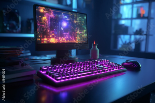 computer monitor and keyboard digital hacker's workspace with neon keyboard, Generative AI 