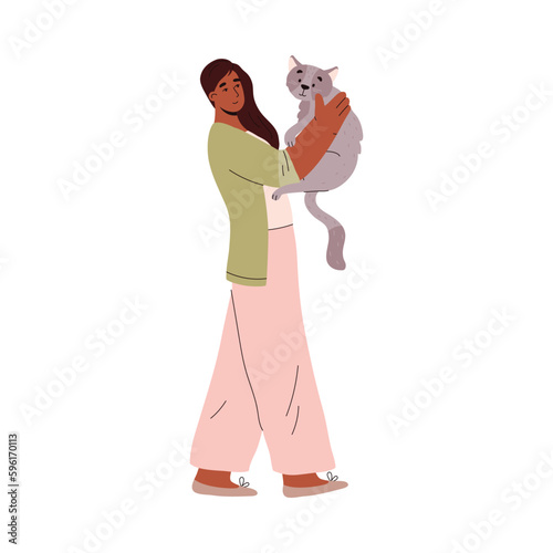 Woman with cat for veterinary or animal-assisted therapy, flat vector isolated.