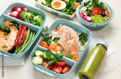 Different types healthy meals in containers, Takeout food menu, top view, copy space