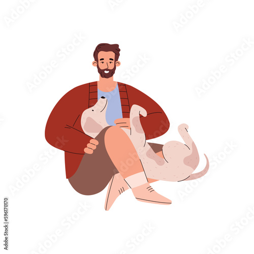 Loving careful pet owner and dog, flat vector illustration isolated on white.