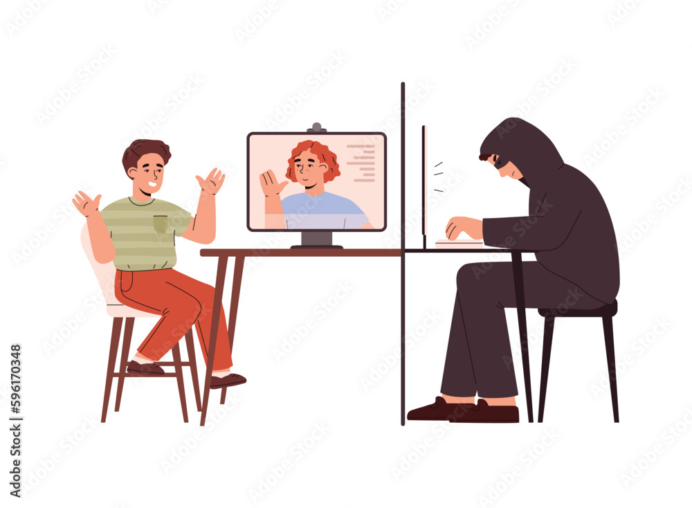 Intruder or attacker communicates with child on the Internet, flat vector isolated. Intruder or attacker communicates with child on the Internet, flat vector isolated.