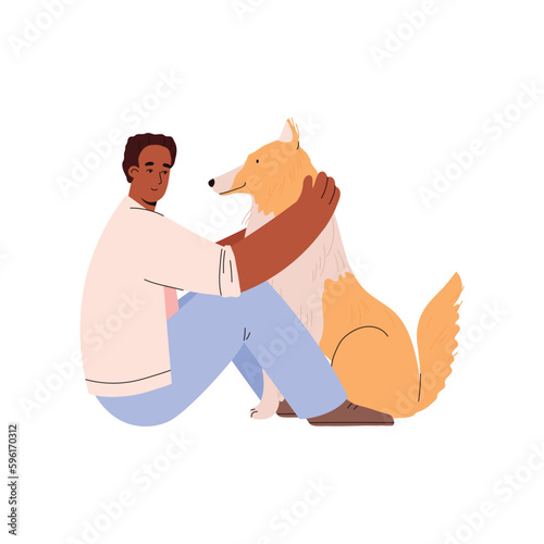 Man on the floor and petting and playing with cute dog, flat vector isolated.