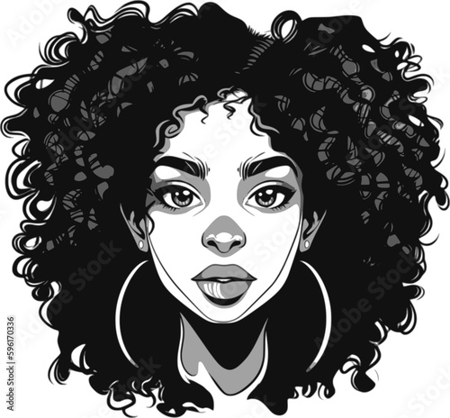 Beautiful african american woman with curly afro hairstyle. Black silhouette, cartoon style. Isolated on white background. Vector illustration for beauty salons, posters, and social media.