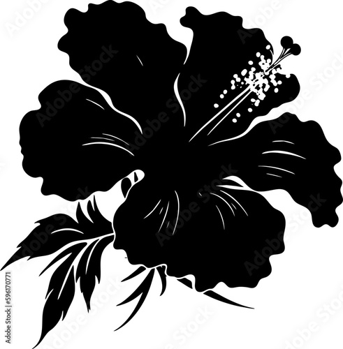 Hibiscus tropical flower. Black and white graphic, of Hawaiian flora. Vector illustration on white isolated background. Good for packaging, posters, and social media.