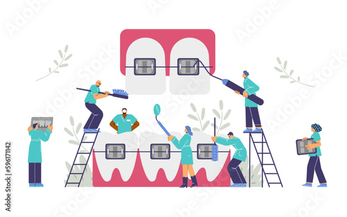 Group of orthodontists installing braces and cleaning teeth, abstract flat vector illustration isolated on white.