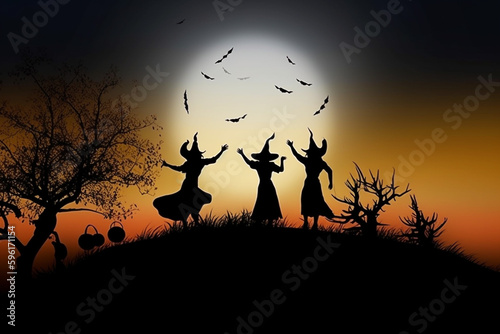Witches dance at night in the light of the full moon
