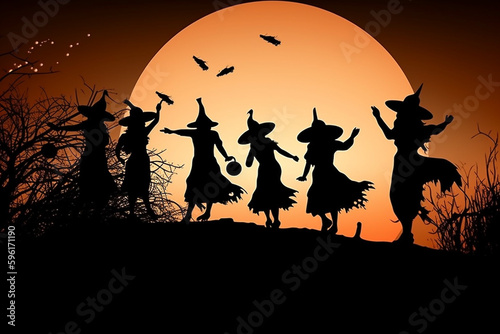 A group of witches as black silhouettes dance at night in the light of the full moon  graphic illustration