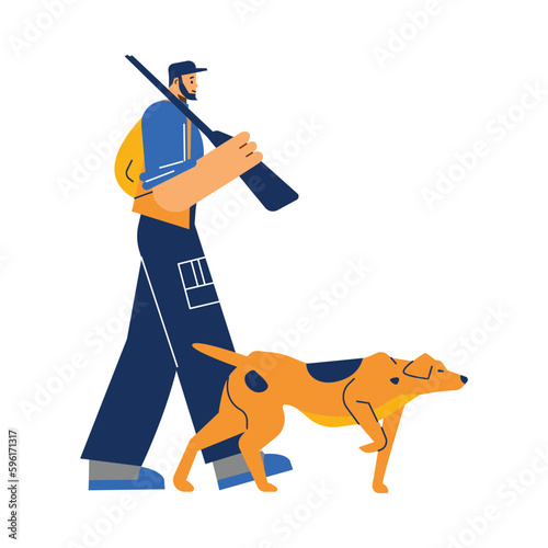 Hunting dog on hunt with man, flat vector illustration isolated on white background.