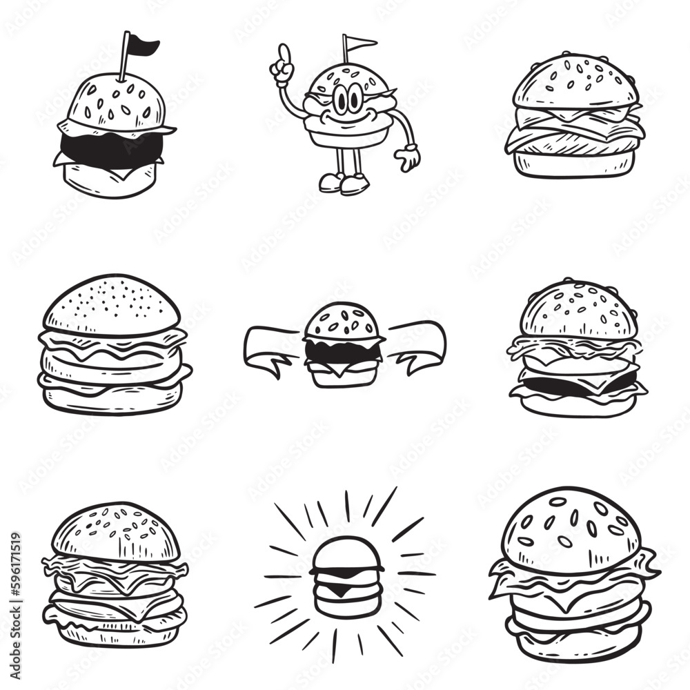 Set of logo, labels and stamp for hamburger, burger. Simple and minimal design. Set of logo, labels and stamp for hamburger, burger. Simple and minimal design.