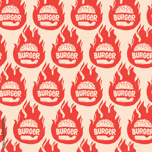 Seamless pattern with sketched burger, cheeseburger or hamburger. Background template for fast food.