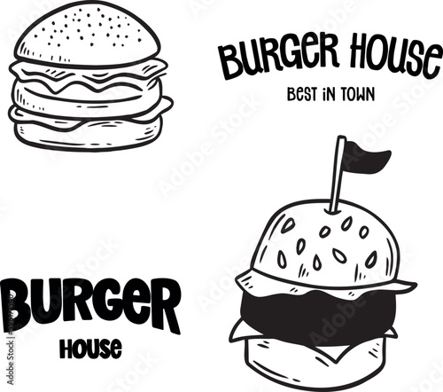 Set of logo, labels and stamp for hamburger, burger. Simple and minimal design.