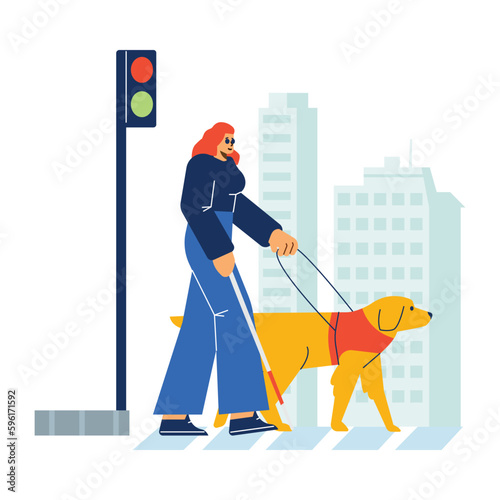 Guide dog or seeing-eye dog leading blind woman through the city, flat vector illustration isolated on white background.