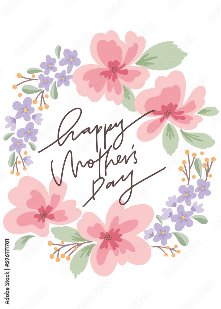 Happy Mother's Day Lettering Floral Wreath vector illustration