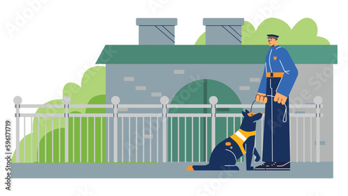 Dog working with policeman, assistance animals concepts - flat vector illustration isolated on white background.