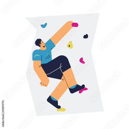 Young man climbing artificial wall flat style, vector illustration