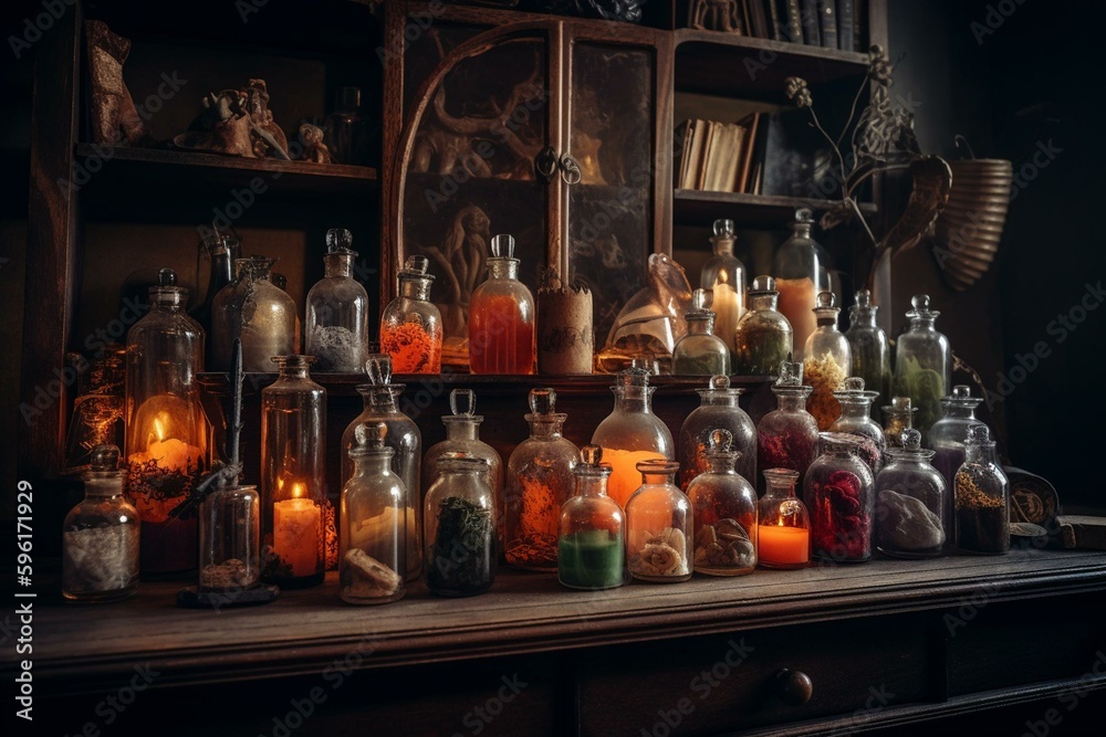 Halloween-themed cabinet of potions belonging to a witch. Generative AI