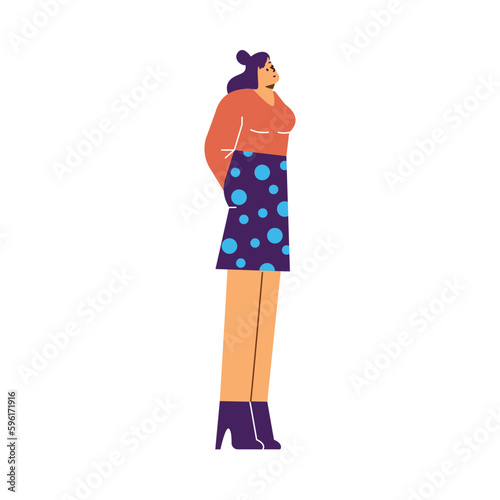 Standing young woman on heels looks up thoughtfully flat style