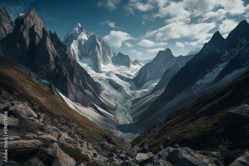 A surreal world of towering peaks and deep valleys. Generative AI
