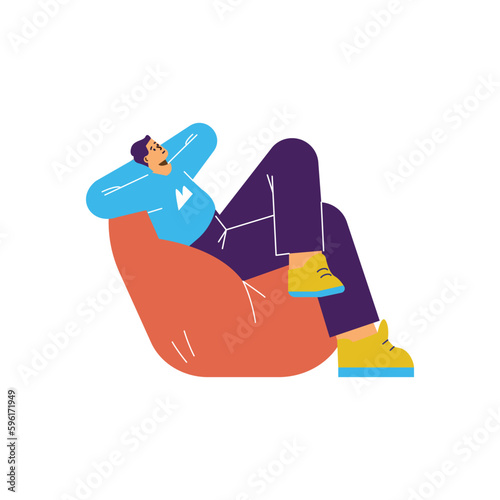Relaxed man sitting in bean bag chair and dreaming, flat vector illustration isolated on white background.