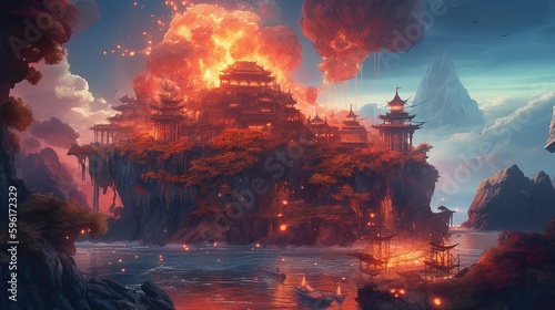 island of fiery ghosts, digital art illustration, Generative AI