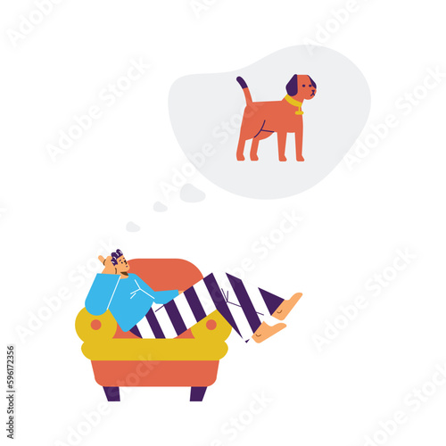Boy lying in armchair and dreaming about dog pet flat style