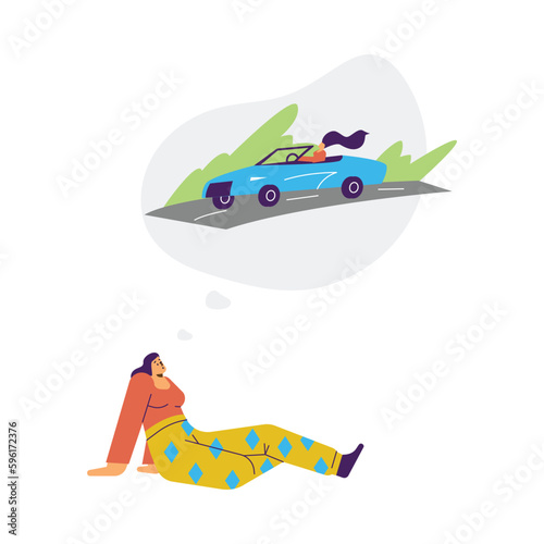 Dreaming woman sits leaning on hands and imagines driving car flat style