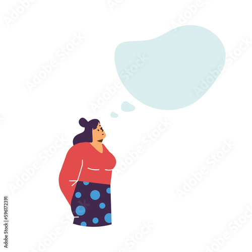Dreaming woman looking up thoughtfully flat style, vector illustration