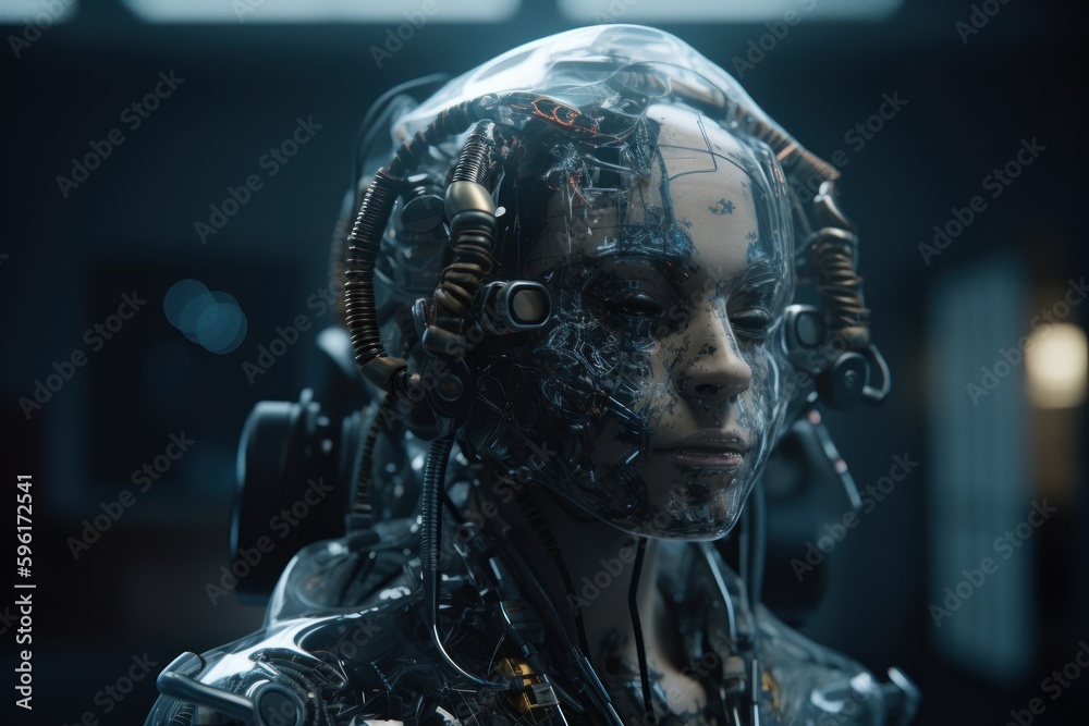 Portrait of a female robot in a dark space. Futuristic style. Generative AI Portrait of a female robot in a dark space. Futuristic style. Generative AI
