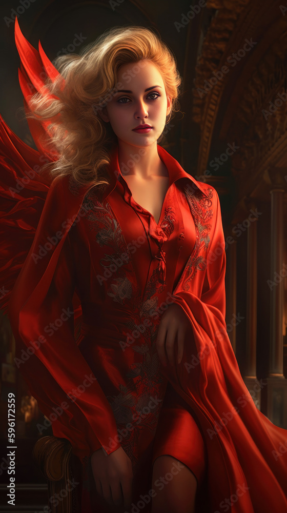 Portrait of a beautiful blonde woman in a red silk robe. Generative AI Portrait of a beautiful blonde woman in a red silk robe. Generative AI