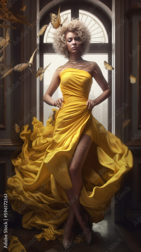 Beautiful young woman in a yellow dress in a vintage interior. Generative AI