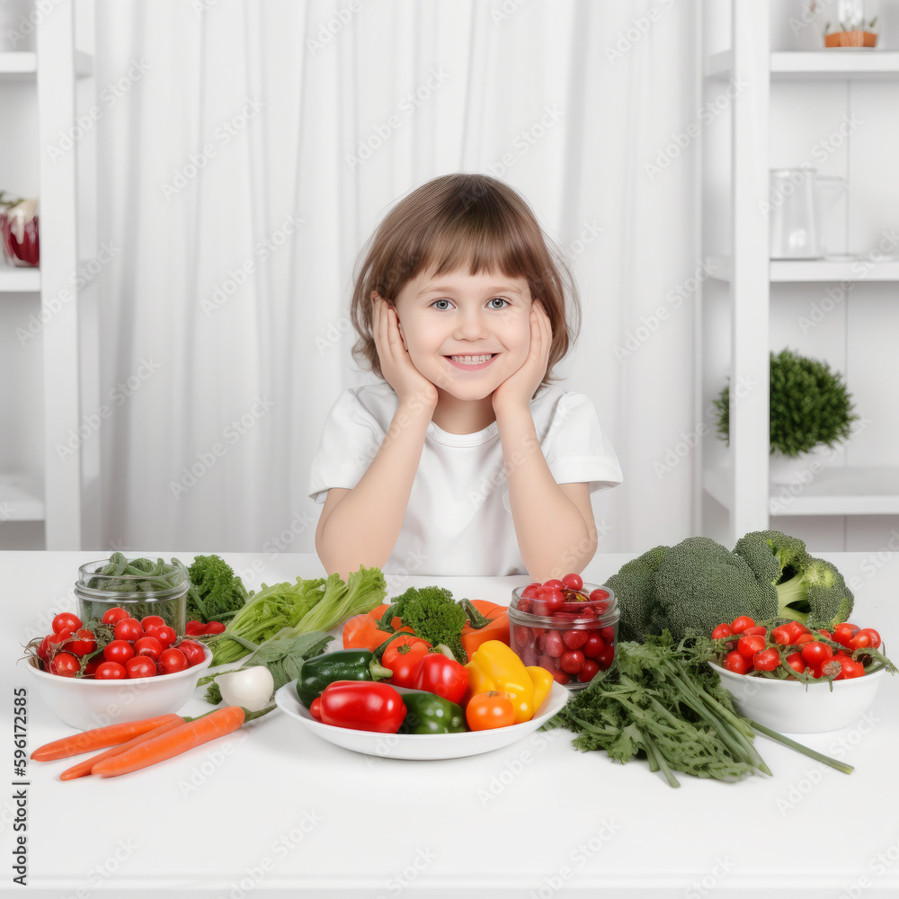 happy child eating vegetables in modern white table, wide angle lenses, white background embracing a healthy life style and healthy foods happy child eating vegetables in modern white table, wide angle lenses, white background embracing a healthy life style and healthy foods