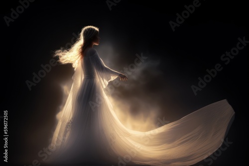 Beautiful young woman in long white dress on dark background with smoke  Generative AI