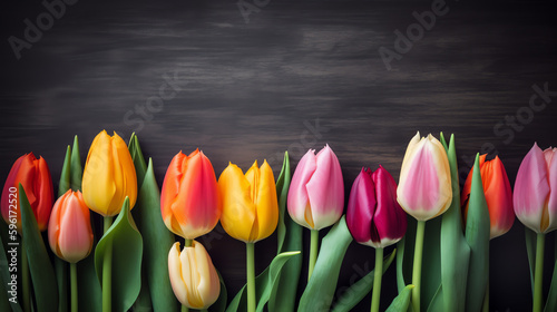 colored tulips on a wooden background - generative ai